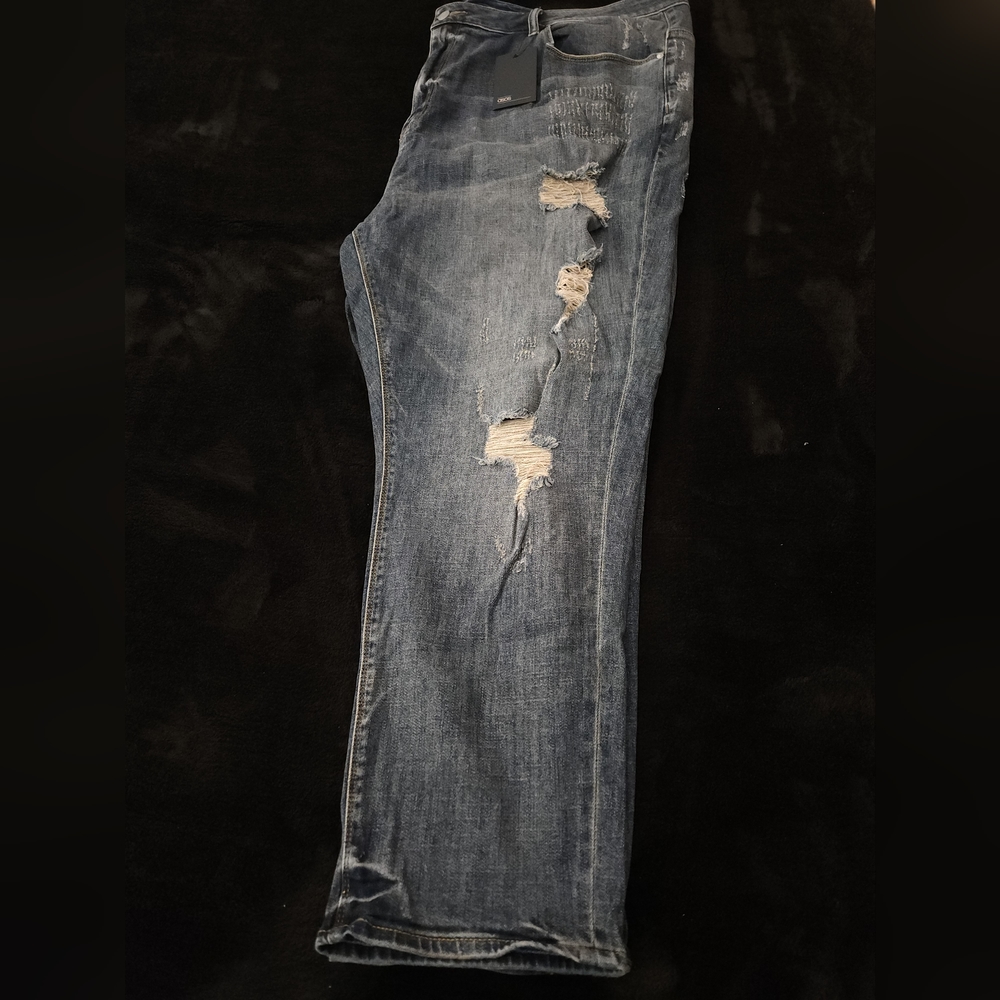Asos Design Big And Tall Tapered Jeans in dark wash blue With Heavy Rips